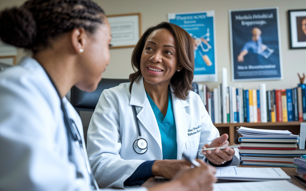 A close-up of a medical resident conferring with a seasoned faculty mentor in a cozy office filled with medical textbooks and clinical materials. The mentor, a middle-aged woman in a white coat, is providing personalized feedback, her expression warm and encouraging. The resident listens attentively, jotting down notes, surrounded by posters of medical breakthroughs, capturing a moment of mentorship, support, and growth in a professional medical environment.