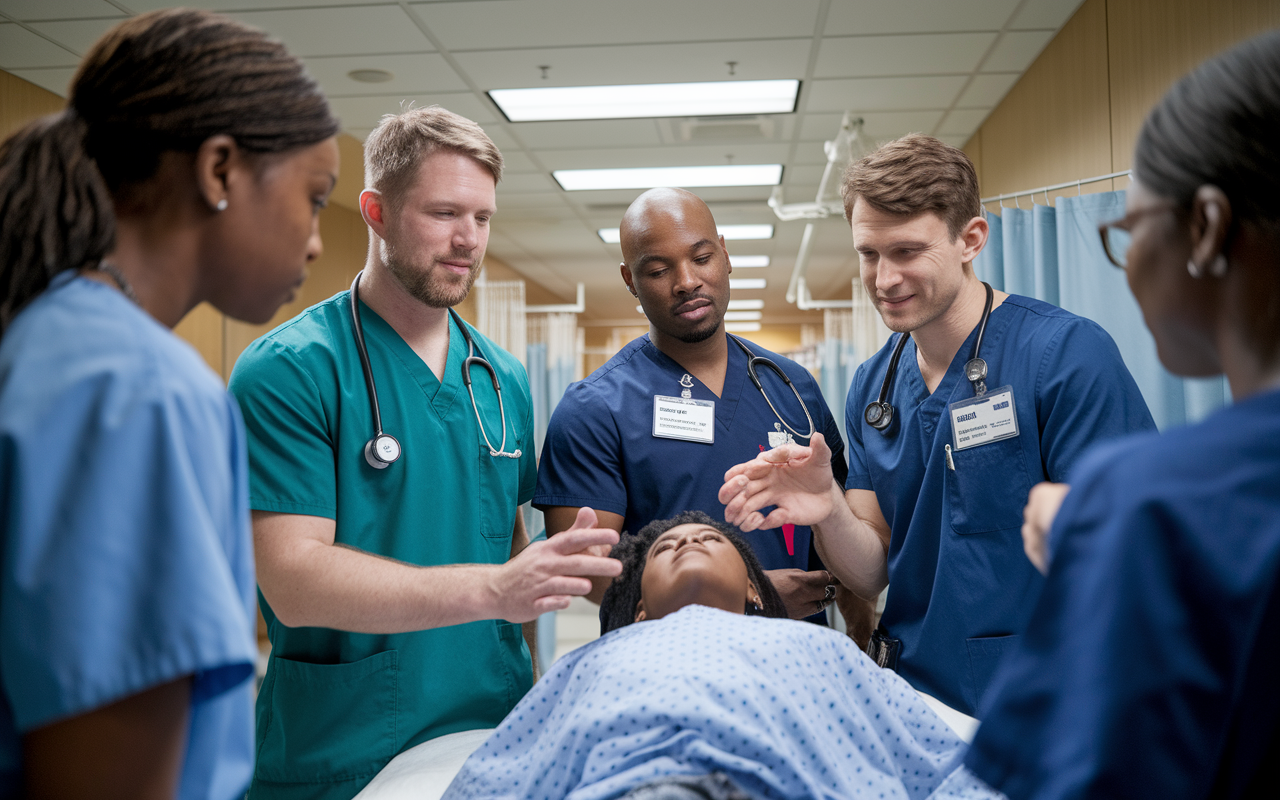 A bustling hospital ward with a small group of residents receiving instruction from two attentive faculty members. The image shows a dynamic learning environment, with the faculty engaging in hands-on training with residents, demonstrating practical skills on a patient. The scene captures real-time feedback and collaboration, set against the backdrop of a modern medical facility, showcasing the importance of individualized attention in resident education.