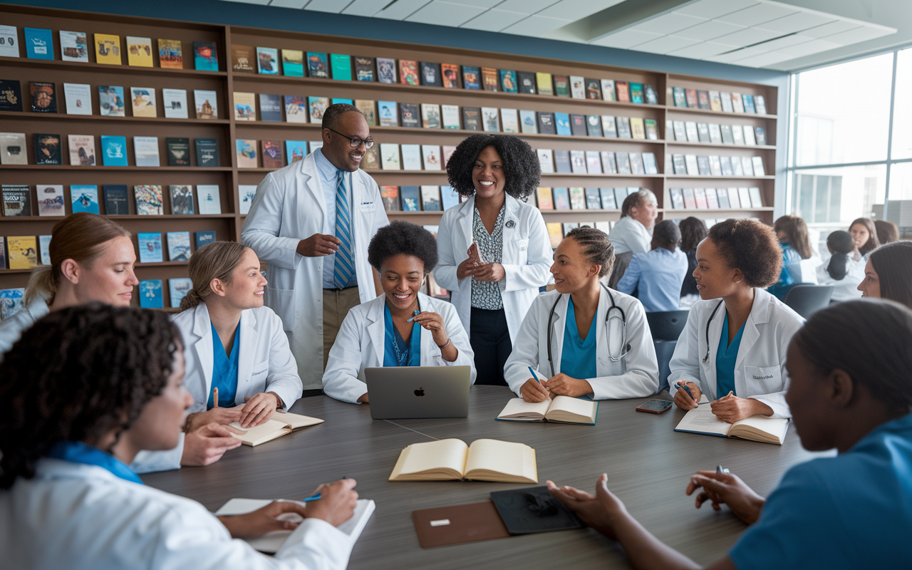 A thoughtful scene set in a modern medical school library, where a diverse group of residents discuss their career paths with supportive faculty members, highlighted by a wall of medical publications. The atmosphere is vibrant with collaboration, showing residents in animated discussions, surrounded by books and digital resources, symbolizing the fusion of academic support and personal growth in medicine. The scene conveys hope, determination, and the impactful role of mentorship in shaping future physicians.