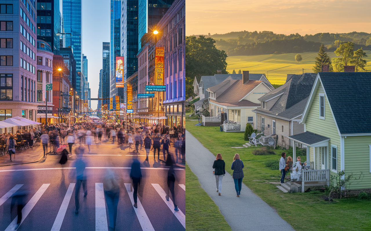 A split scene showing two contrasting lifestyles: on one side, a bustling urban cityscape with bright lights, lively cafes, and diverse people, representing urban residency benefits. On the other side, a peaceful rural community with green fields, quaint houses, and people enjoying outdoor activities, highlighting the tranquility and affordability of rural residency. The transition between both worlds signifies the decision-making process for medical graduates.