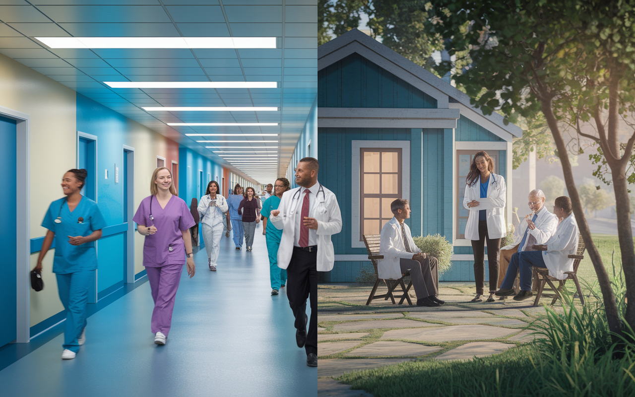 A dynamic visual comparison between urban and rural residency environments. On one side, a busy hospital corridor in an urban setting, with diverse patients and busy medical staff, reflecting a vibrant city life. On the other side, a serene rural clinic setting, showcasing doctors engaging with community members in a relaxed environment. Soft, contrasting lighting emphasizes the differences in atmosphere and pace.