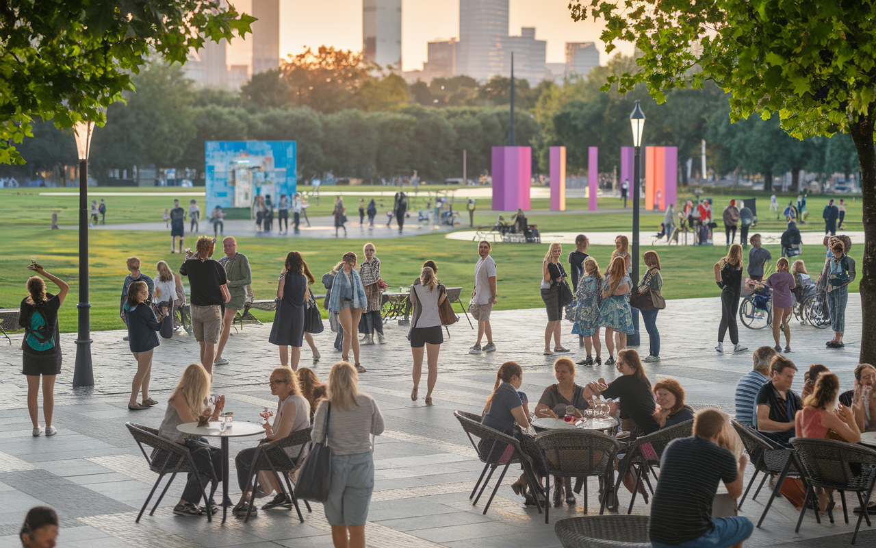 A vibrant city scene bustling with life, showcasing a diverse group of people enjoying various activities: some watching a street performer, others chatting at outdoor cafés, and groups exploring art installations. In the distant background, a lush park invites recreational activities like jogging and picnicking. The warm evening sunset bathes the scene in golden light, creating an inviting atmosphere.