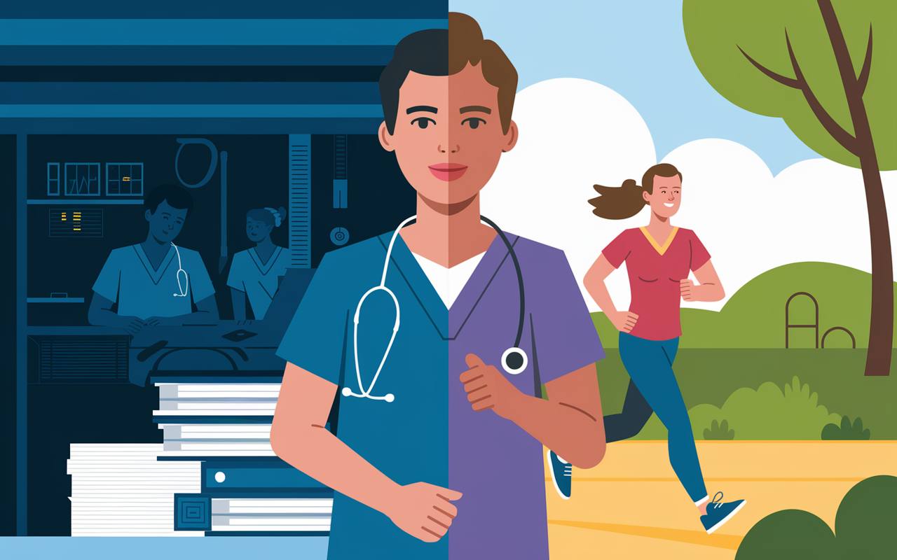 A split-scene illustration showing the duality of a medical resident's life: on one side, a resident in scrubs working late at the hospital with a stethoscope around their neck and a stack of paperwork; on the other side, the same resident jogging in a park with a friend, smiling and relaxed. The lighting contrasts between the dim hospital lights and the bright natural sunlight in the park, emphasizing the importance of balancing intense work with fulfilling personal activities.