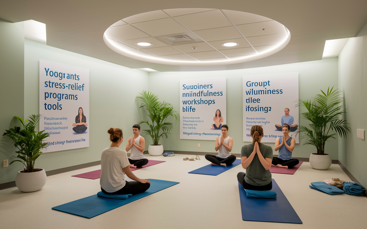 A peaceful wellness corner in a hospital, featuring yoga mats, stress-relief tools, and group posters advertising wellness programs like yoga sessions and mindfulness workshops. Soft, calming lighting illuminates the space, which has potted plants providing a touch of nature. Residents of different backgrounds can be seen practicing yoga together, demonstrating camaraderie and the importance of wellness in residency life.