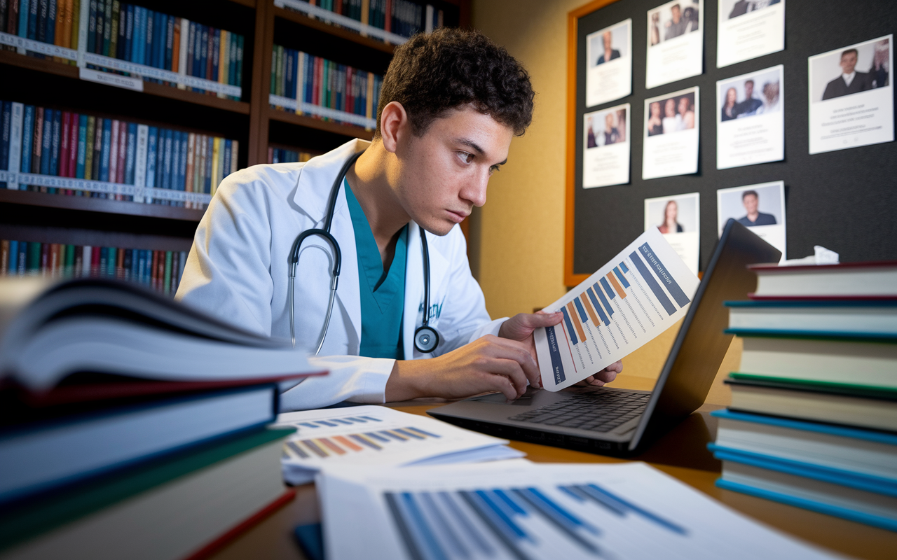 A medical student in a library setting, surrounded by open books and research articles, intently comparing rankings on a laptop. The image captures the nuances of scrutiny, with charts and rankings displayed on the screen. The lighting is warm, emphasizing an atmosphere of determination and focus. Nearby, a bulletin board displays various residency program leaflets, providing a visual representation of competition and choice.