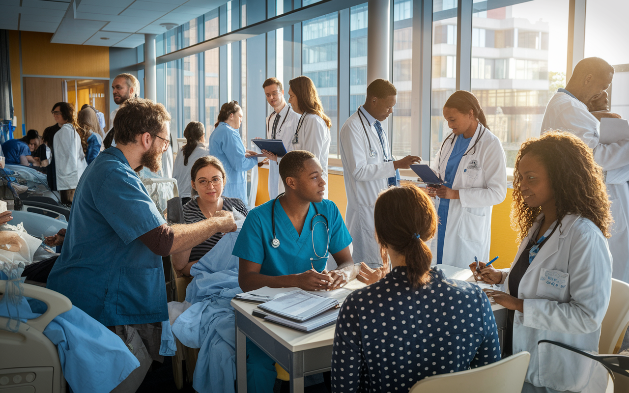 A vibrant hospital ward bustling with activity, showcasing a diverse group of residents engaging with patients of different backgrounds. The scene captures various interactions: a resident listening to a patient, another discussing treatment options with a family, and a third writing notes. Sunlight filters through large windows, illuminating the enthusiastic and dedicated atmosphere of learning and clinical engagement.