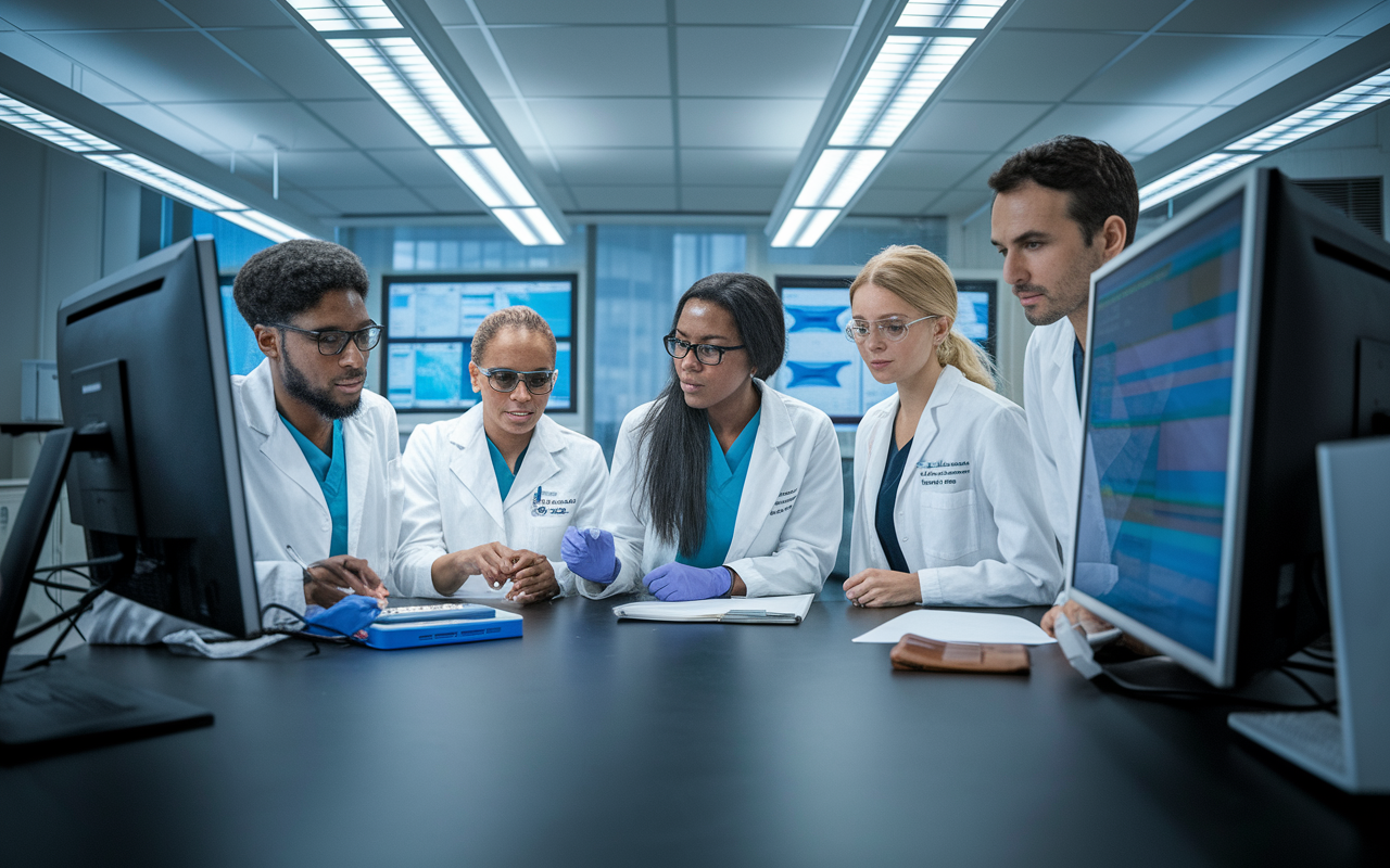 A group of dedicated residents gathered around a high-tech lab bench, examining test results on high-resolution screens and discussing their findings. The laboratory is outfitted with modern equipment and research materials, creating an atmosphere of innovation and inquiry. Fluorescent lighting enhances the clinical feel, showcasing the union of science and patient care.