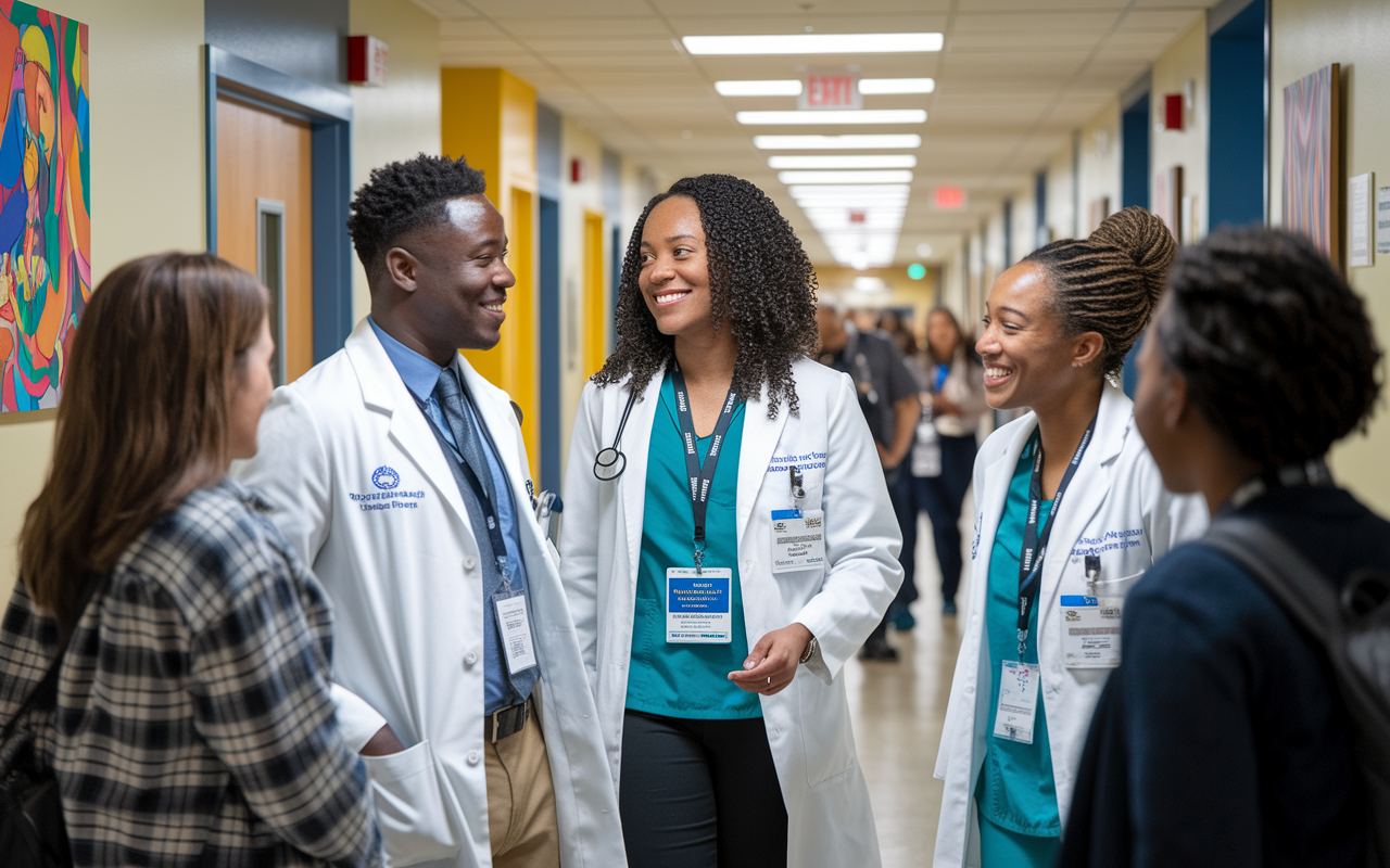 An aspiring resident touring a bustling hospital, interacting with cheerful faculty and residents in various departments. The image captures the warmth of a welcoming environment, with residents graciously sharing their experiences and insights. Bright, inviting hallways filled with organizational artwork and posters about medical initiatives further emphasize the dynamic and vibrant atmosphere of the program.