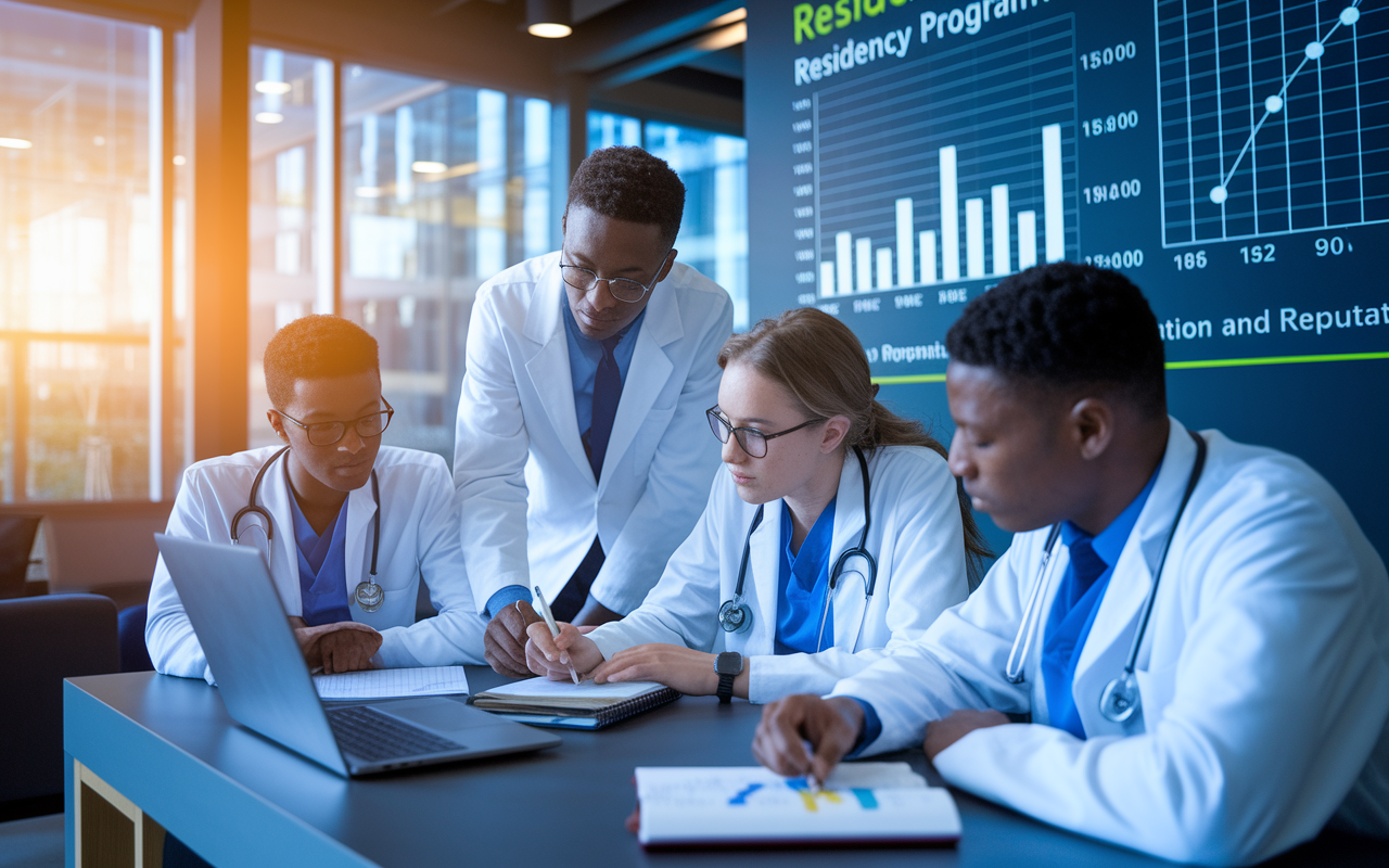 A focused group of medical students gathered around a laptop in a modern library, with charts and graphs projected on the screen showing residency program statistics. The students are examining a program's accreditation status and reputation, highlighting important information in their notebooks. The atmosphere is studious, illuminated by warm light filtering through large windows, allowing for a sense of inquiry and ambition.