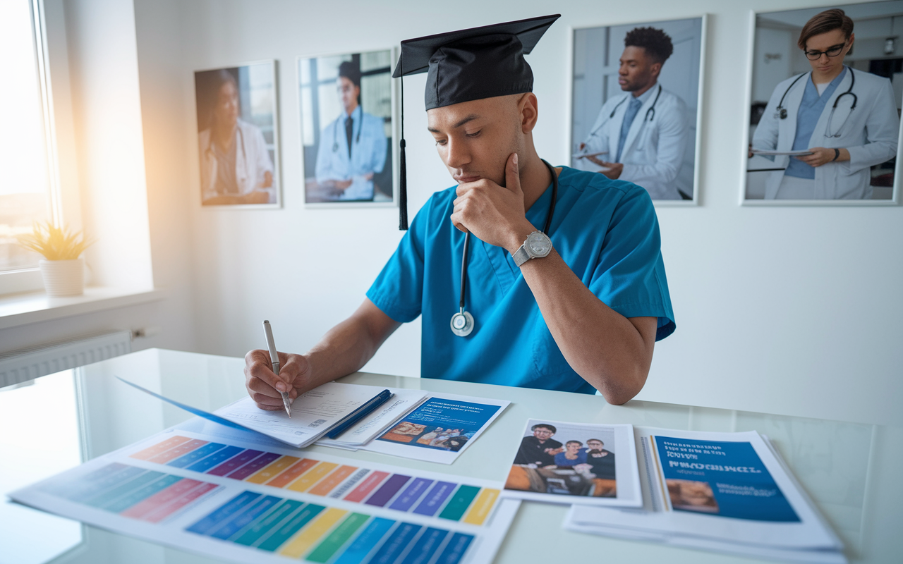 A serene setting of a medical graduate sitting at a bright, organized desk, thoughtfully comparing different residency program brochures laid out in front of him on a spreadsheet. The ambient light coming from a nearby window highlights the graduate’s focused expression as he reviews notes, deep in thought. The background showcases inspiring medical imagery, such as framed photos of past graduates in clinical settings.