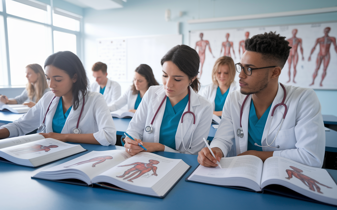 A group of medical students in a bright classroom setting, closely studying large anatomy and pharmacology textbooks. The atmosphere is focused and studious, with a large whiteboard filled with diagrams in the background, and natural light streaming through windows, highlighting the eagerness of the future healthcare providers.