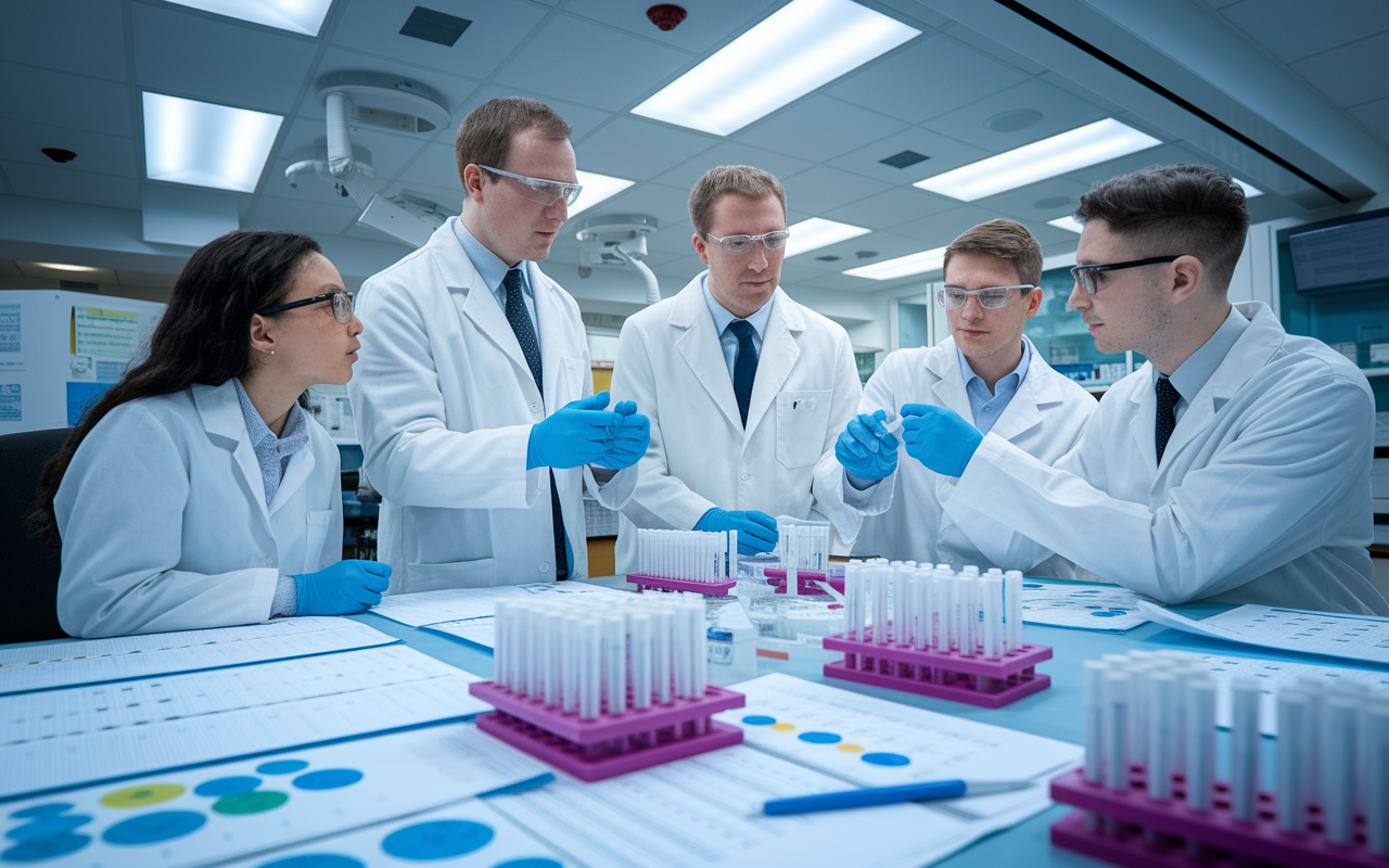 A laboratory scene showing researchers in white coats engaged in collaborative discussions around a large table filled with test tubes and medical charts. An atmosphere of innovation and discovery, with advanced technology and equipment in the background, symbolizes the critical role research plays in transforming medical practice.