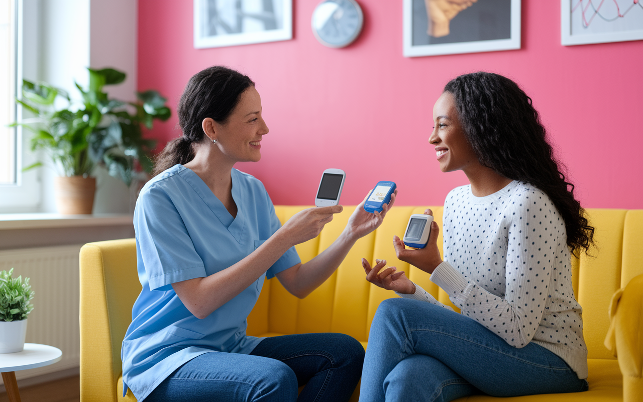 A healthcare professional demonstrating a continuous glucose monitoring device and an insulin pump to a patient in a cozy consultation room. Bright colors and modern medical technology create a warm, inviting environment, emphasizing the personalized approach to diabetes management and the integration of research into practical care.