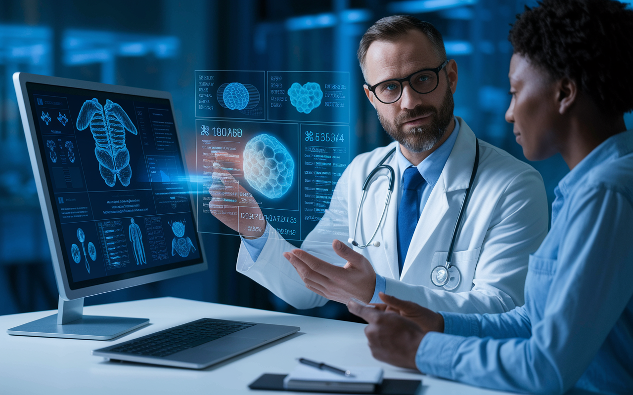 A doctor discussing a precision medicine treatment plan with a patient, using a digital screen displaying genetic and health data. The scene captures the integration of technology in healthcare, with a futuristic ambiance and diverse individuals symbolizing personalized care in the age of precision medicine.