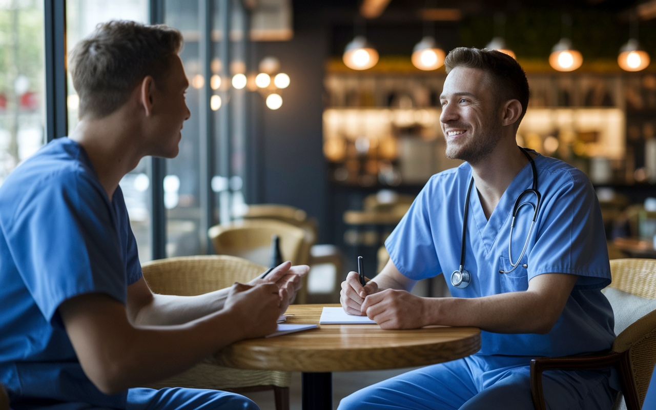 An intimate scene where a medical student engages in deep conversation with a resident in a cozy café. The resident, in scrubs, shares stories and experiences, while the student takes notes, showing intrigue and eagerness. Ambient café lighting casts a warm glow, highlighting the connection and exchange of knowledge about residency programs.