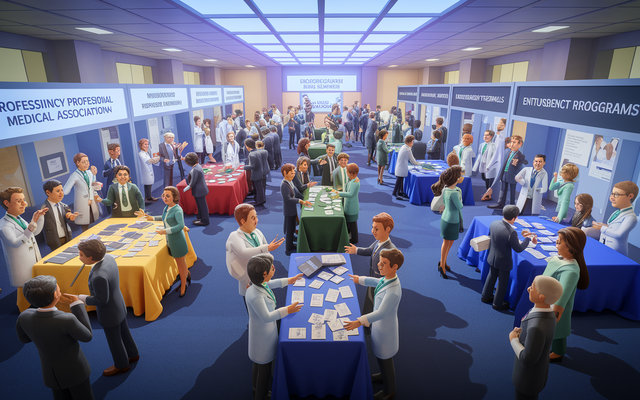 An animated networking event hosted by a professional medical association, bustling with attendees mingling and exchanging ideas. The scene captures booths showcasing different residency programs, with medical professionals enthusiastically discussing career paths. Bright, dynamic lighting enhances the sense of enthusiasm and opportunity in a large conference hall.