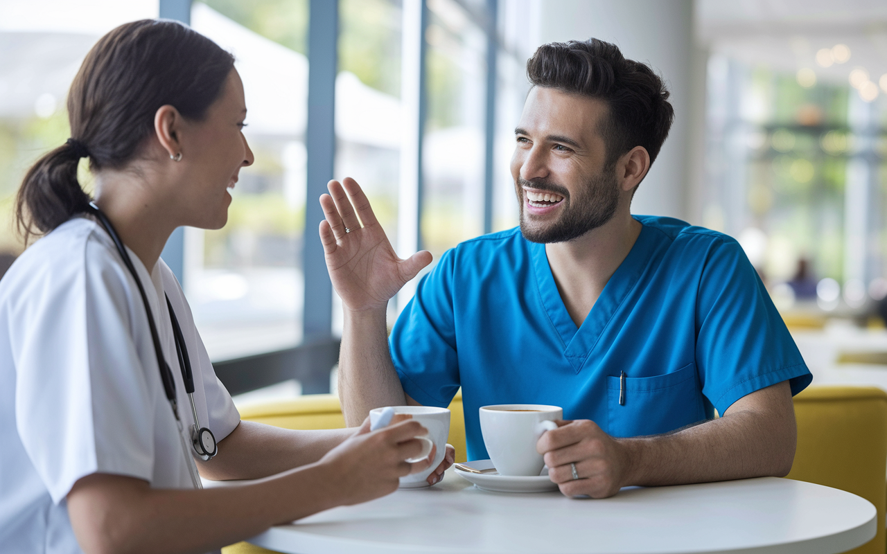 A candid moment of a medical student and a current resident enjoying coffee together at a café. The resident, in scrubs, sharing stories of their residency experience with animated expressions. The scene is bright and airy, showcasing the inviting atmosphere for open dialogue and learning.