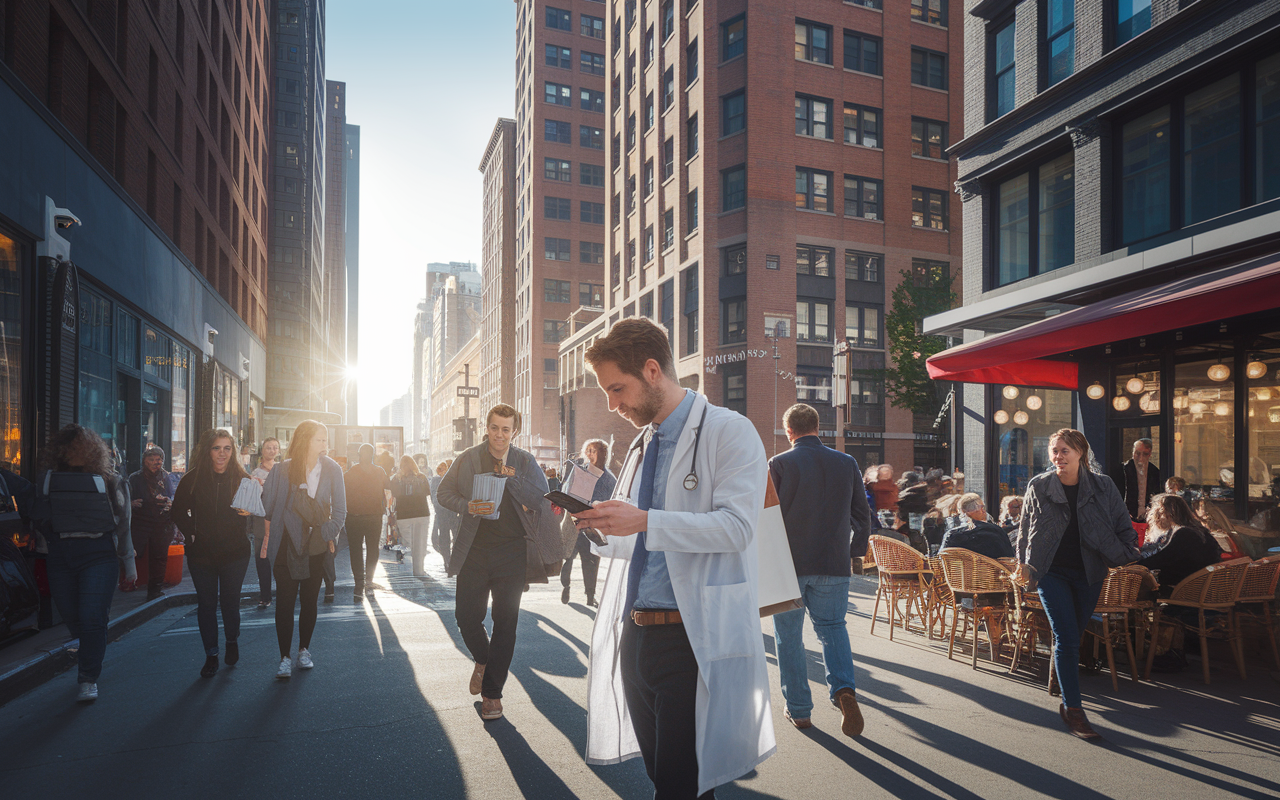 A crowded, vibrant urban street scene depicting a young medical resident looking at rental listings on a phone, surrounded by towering apartment buildings and bustling pedestrians. The sun is setting, casting long shadows, and the atmosphere is filled with energy. Nearby, a café with outdoor seating hints at social life amidst the challenges of residency. Illustrate the juxtaposition of city living expenses against the backdrop of a medical career.