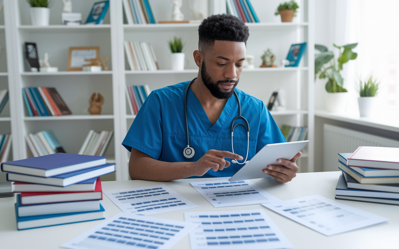 A thoughtful medical resident reviewing health insurance options on a tablet, with highlighted documents scattered around the desk. The room is bright and inviting, filled with medical books and personal items that reflect the lifestyle of a resident. The atmosphere is serious yet hopeful, emphasizing important decisions in healthcare coverage.