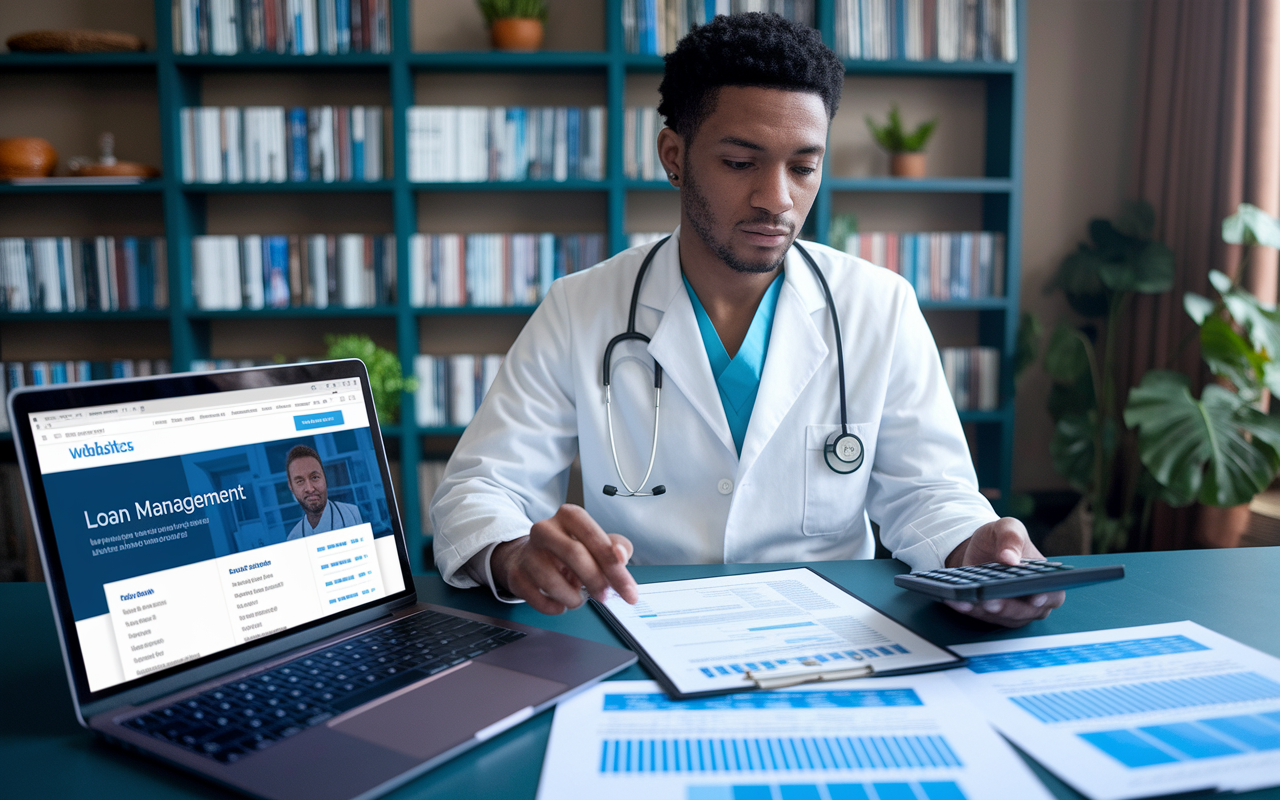 A medical resident sitting at a table with a laptop displaying a loan management website, and a calculator in hand. The resident has a focused expression, surrounded by papers detailing financial plans and spreadsheets. The background offers a cozy and studious environment, featuring bookshelves filled with medical literature. The mood reflects the seriousness of financial planning in medicine.