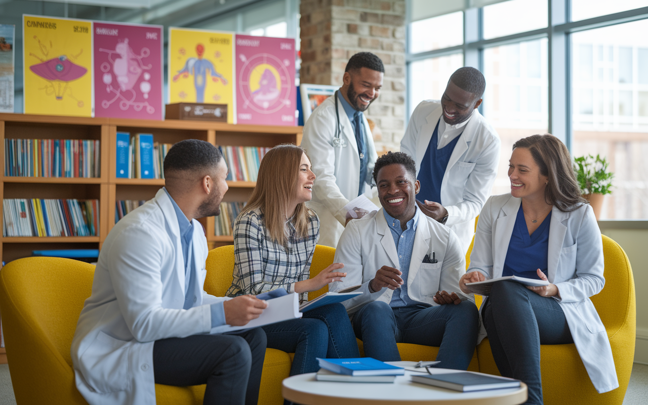 An engaging scene inside a residency program's common room where diverse group of residents are collaborating over medical cases. The room is warm and inviting, filled with books, study materials, and bright posters of medical diagrams. Residents are laughing, discussing, and sharing ideas, showcasing teamwork and camaraderie amidst a bright, motivating environment.