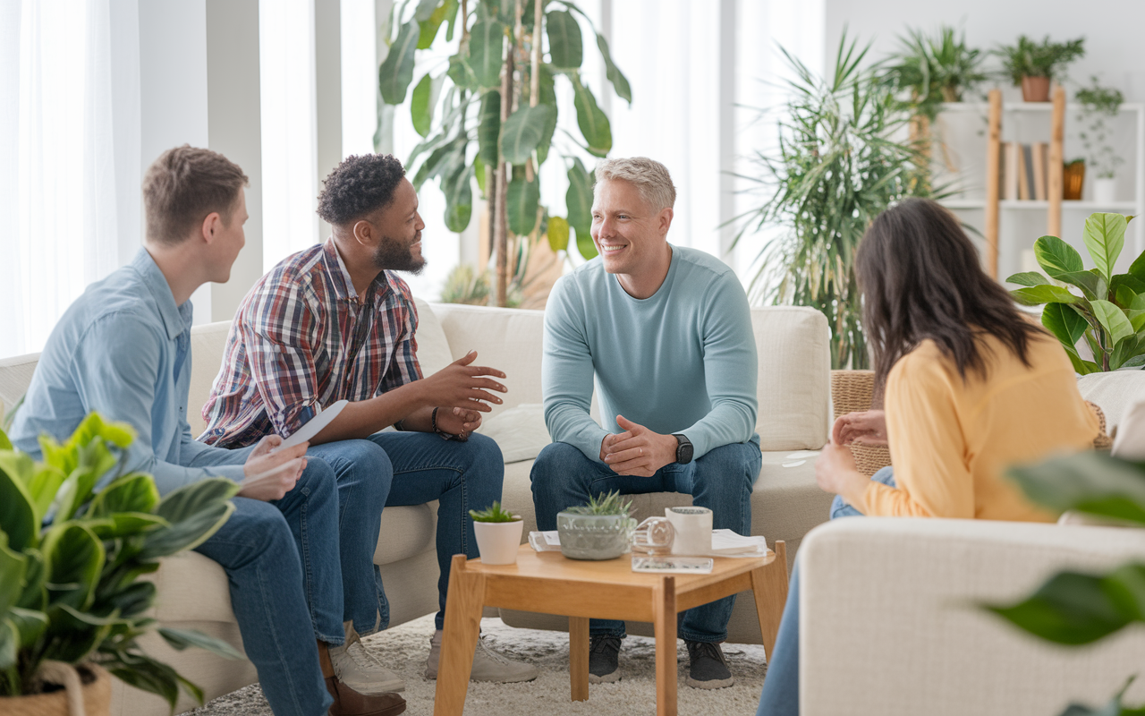 An engaging scene within a residency program’s wellness workshop, where residents discuss self-care strategies with mental health professionals. The workshop space is bright and welcoming, filled with plants and soft decor, emphasizing the importance of personal well-being alongside professional development.