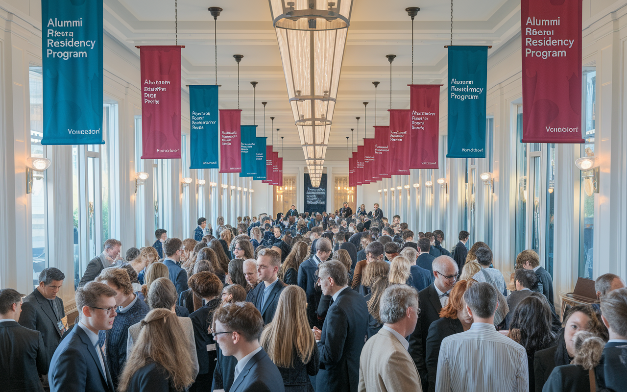 A dynamic networking event where alumni and current residents interact at a vibrant setting adorned with banners from the residency program. Conversations are lively, with alumni sharing experiences and opportunities, creating a supportive environment for building career connections.