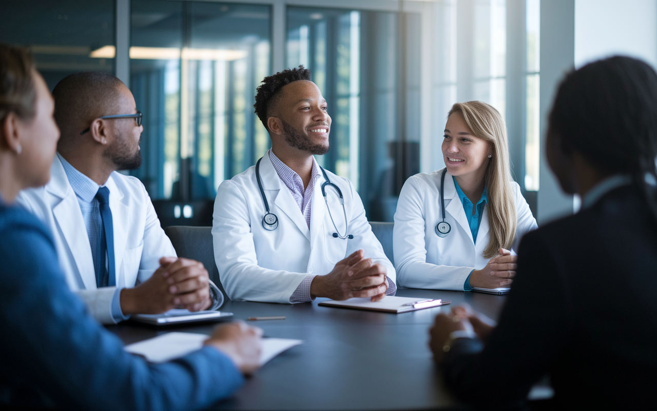 A professional scene where successful residency alumni are giving a talk or a panel discussion to inspire current residents about career advancement in various medical fields. The setting is a sophisticated conference room, with attentive residents eager to learn from their predecessors' achievements.