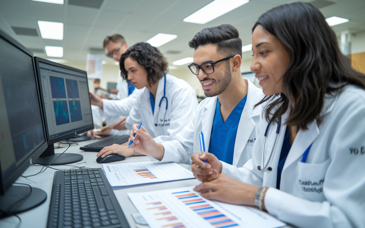 A vibrant scene in a research lab, where residents are actively collaborating on a clinical study. They are analyzing data on computers, discussing findings over printed charts, and adapting their research focus, highlighting the importance of research in enhancing residency experience.