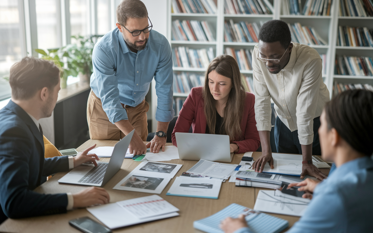 A collaborative atmosphere in a busy office where residents are receiving guidance from mentors on publishing research findings. The room is filled with research materials, laptops open with academic journals, showcasing the supportive framework for academic success.