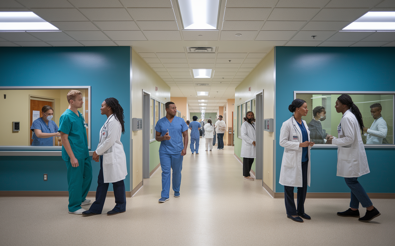 A dynamic hospital setting showcasing residents engaged with a diverse patient population in various clinical locations. The scene features interactions in both urban and rural settings, emphasizing complex patient conditions and enriching the learning experience for residents.