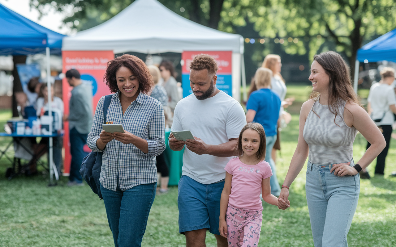 A heartwarming scene showing residents participating in a community health fair, providing medical screenings and educational resources to a diverse local population. Bright banners and engaged families around create an inviting atmosphere that highlights community involvement.