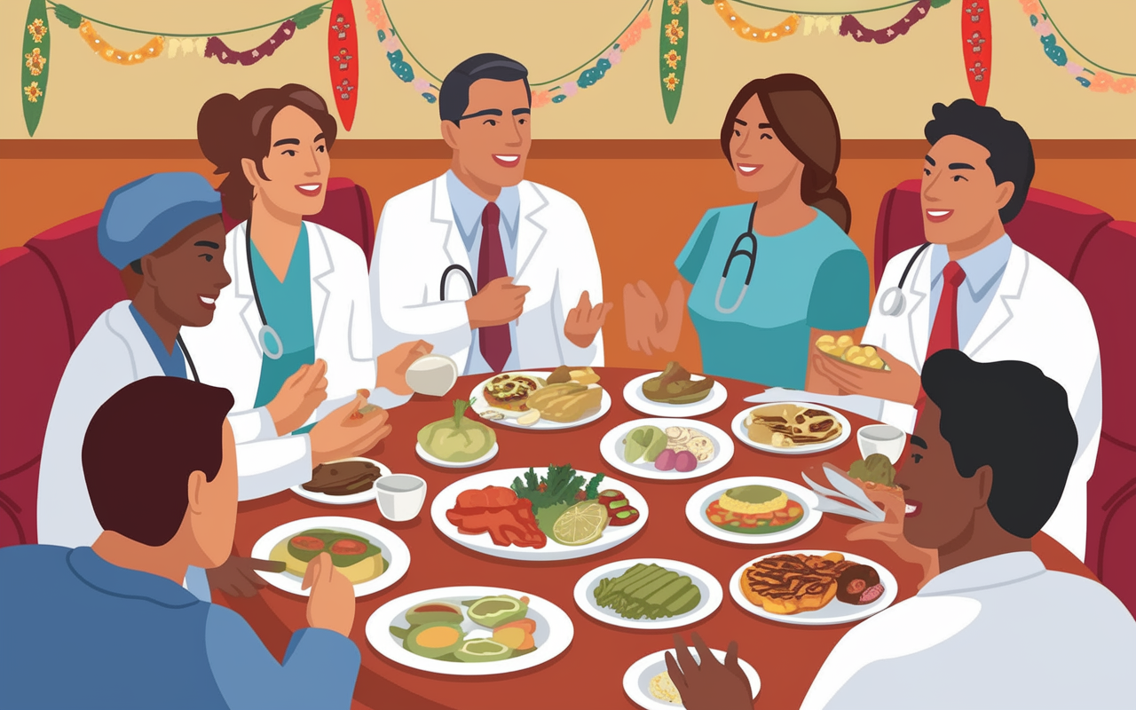 A vibrant depiction of a diverse group of medical residents participating in a culturally themed potluck in a hospital lounge. They showcase their culinary backgrounds, sharing dishes while engaging in lively conversations. The setting is warm with colorful decorations that represent various cultures, fostering inclusiveness and respect among medical professionals.