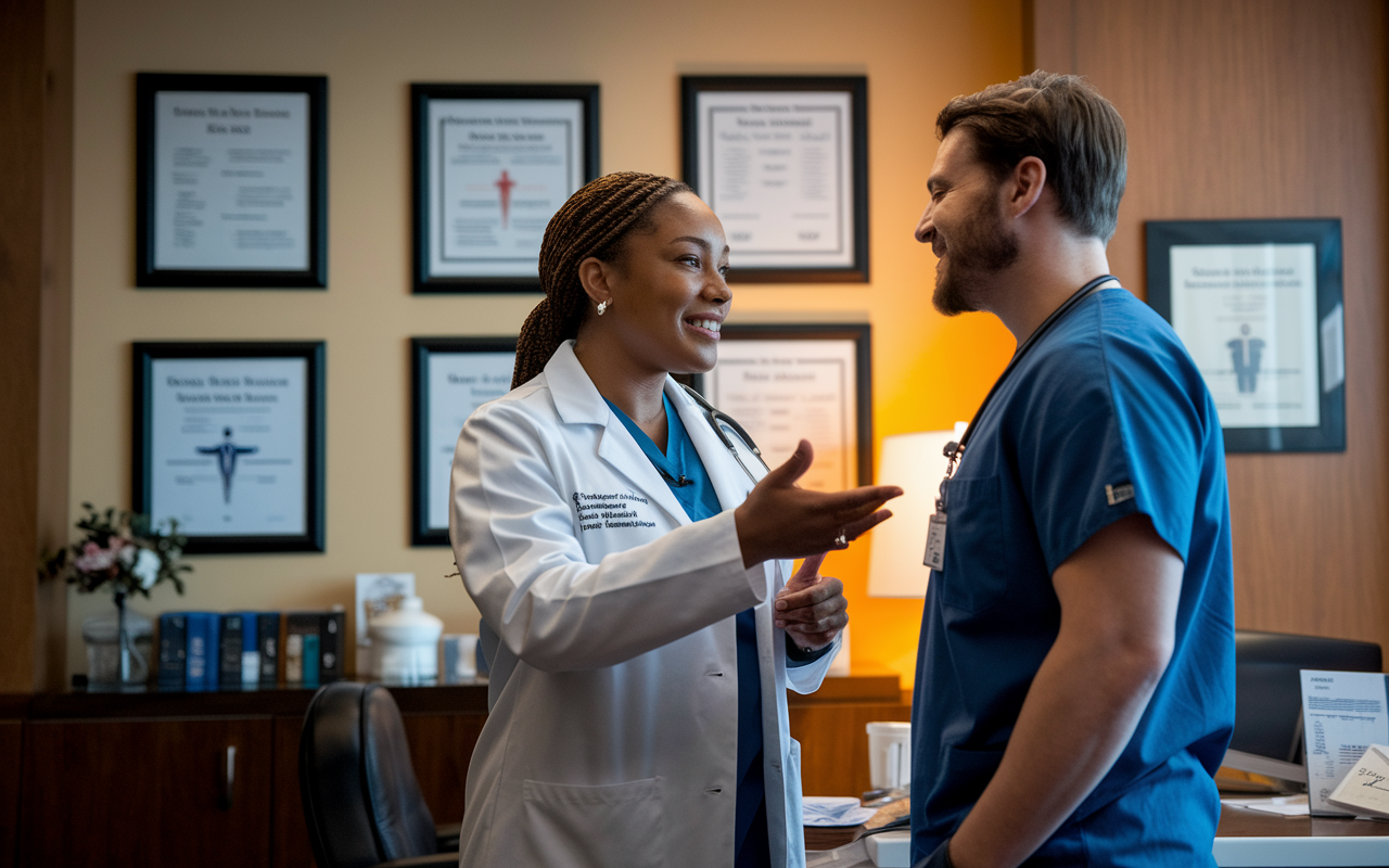 An inspiring scene in a hospital office showing a mentor and a resident engaged in a deep discussion, surrounded by medical charts and framed credentials. The room has warm lighting, hinting at a positive relationship where the mentor offers guidance and support during challenging situations. The mentor’s confidence is reflected in their body language as they encourage the resident.