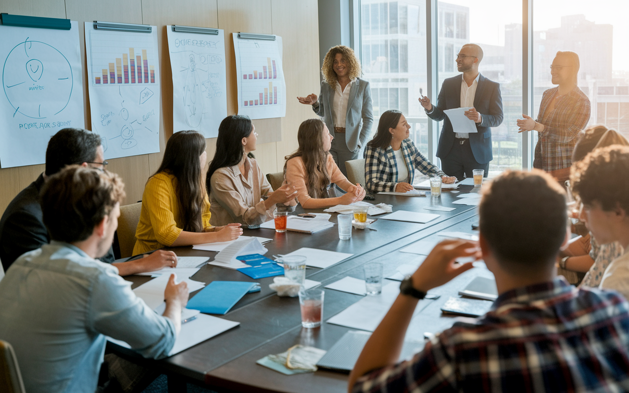 A lively scene of a residency program’s career development workshop taking place in a sunny conference room. Young residents are actively participating, with mentors leading discussions on career paths and resume building. The room is filled with charts, whiteboards, and real-time engagement, emphasizing mentorship and growth opportunities.