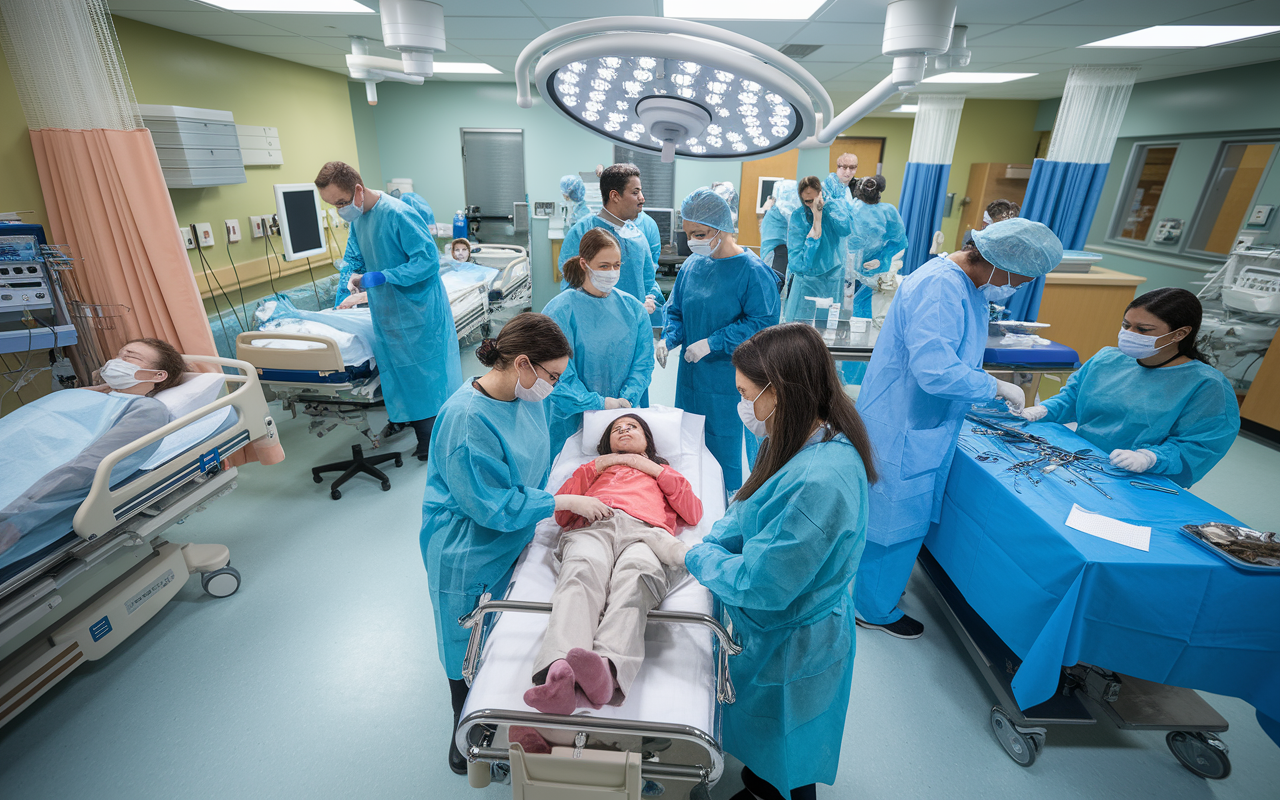 A bustling hospital scene showing residents engaged in various clinical rotations across multiple specialties. One group examines patients in a pediatric ward, others are in a surgical unit assisting in operations, while a few are in emergency response — showcasing dynamic learning experiences and diverse patient interactions.