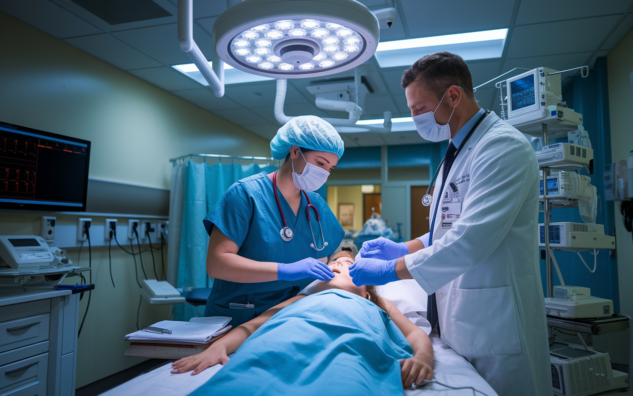 An intense scene in an emergency room illustrating a resident actively engaging in patient care, performing a critical procedure while being guided by an attending physician. The room is well-lit, filled with medical equipment and a tense yet focused atmosphere, showcasing the level of hands-on experience residents receive.