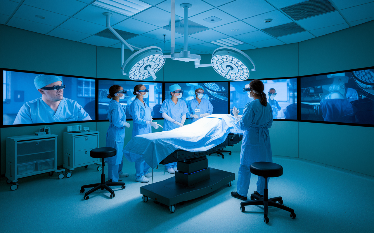 A sleek simulation lab with residents engaged in a virtual reality training session, practicing surgery and patient assessments. The room is high-tech, with advanced equipment and screens displaying lifelike medical scenarios, emphasizing innovation in medical education.