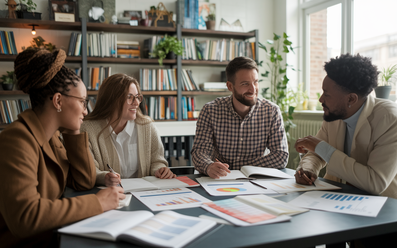 A thoughtful scene depicting residents working with advisors to customize their curriculum pathways in a cozy office setting filled with resources and technology. The atmosphere encourages creativity, showing detailed charts and notes, allowing personalization in education and learning experiences.