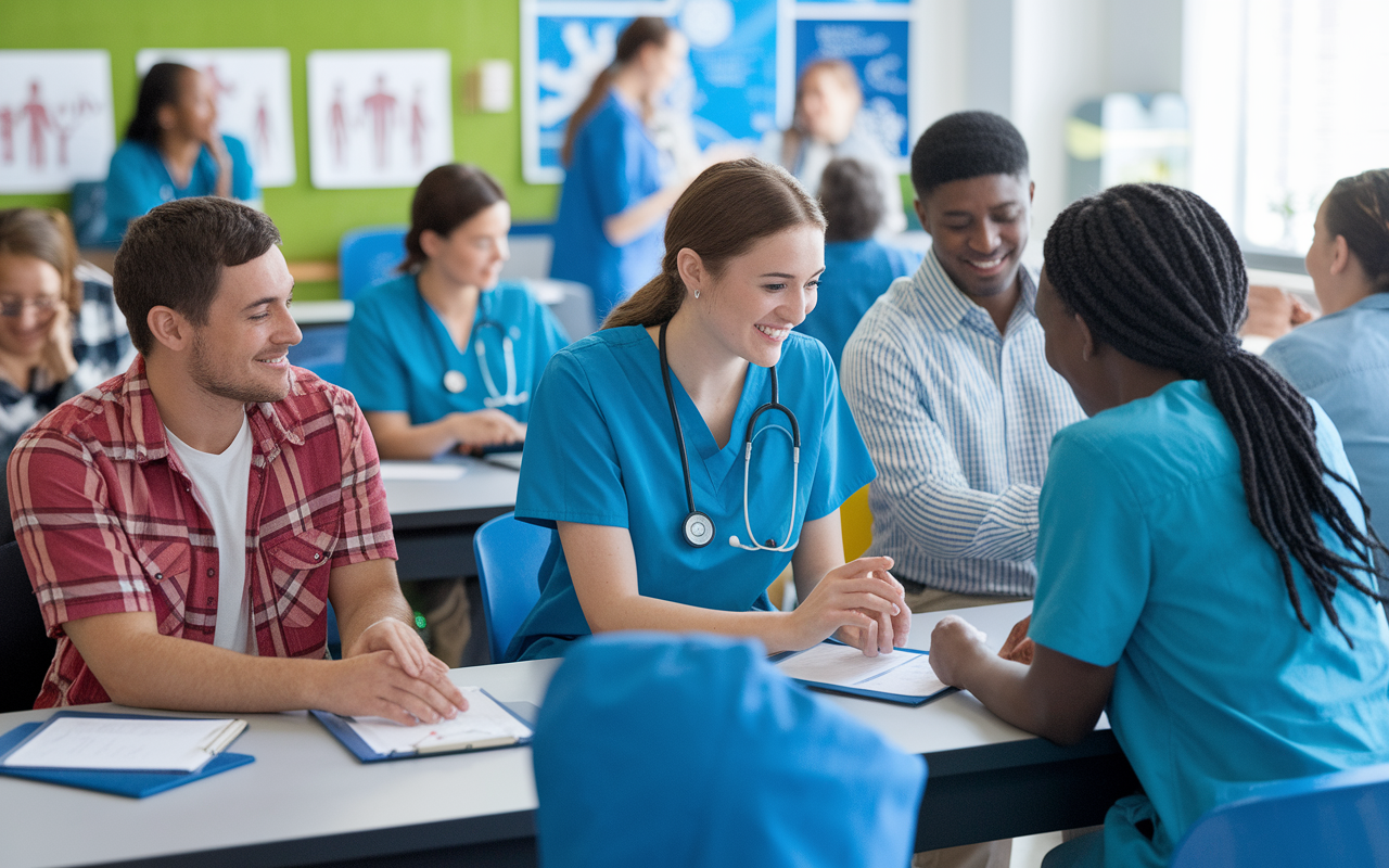 A dynamic classroom or clinical setting showing students in scrubs actively engaging with diverse patients in a community healthcare center, promoting collaboration and practical skill development. The atmosphere is lively, filled with bright, engaging colors, emphasizing the real-life experiences these students are gaining. There are charts and medical equipment around, serving as a backdrop, symbolizing the focus on immediate healthcare challenges.