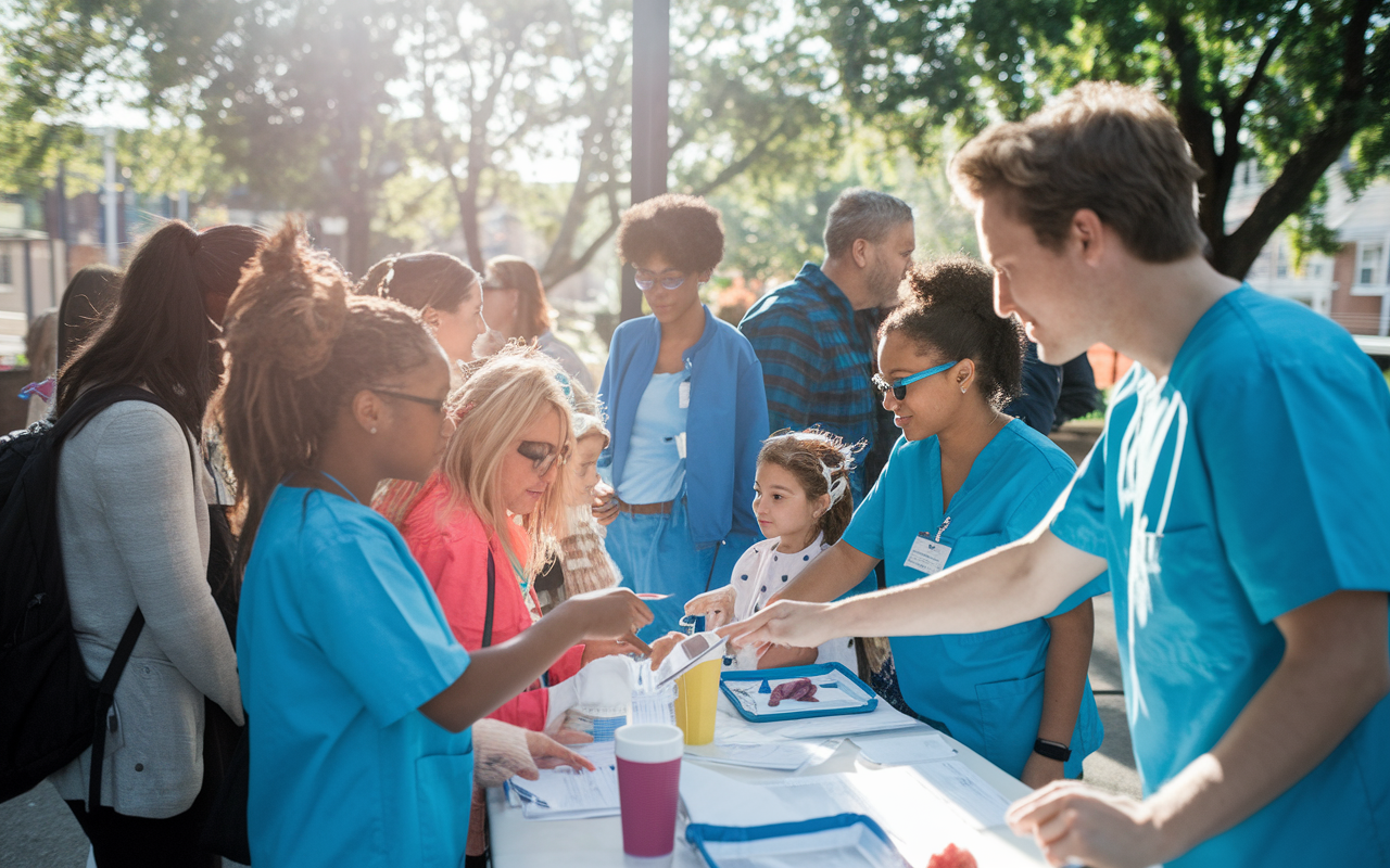 A group of students wearing scrubs participating in a community health pop-up clinic event, engaging with local families and providing health screenings. The scene is vibrant, with a strong sense of community involvement and care, showcasing heartwarming interactions and students applying their skills in a real-world setting. Sunlight filters through trees, creating a warm and welcoming atmosphere.