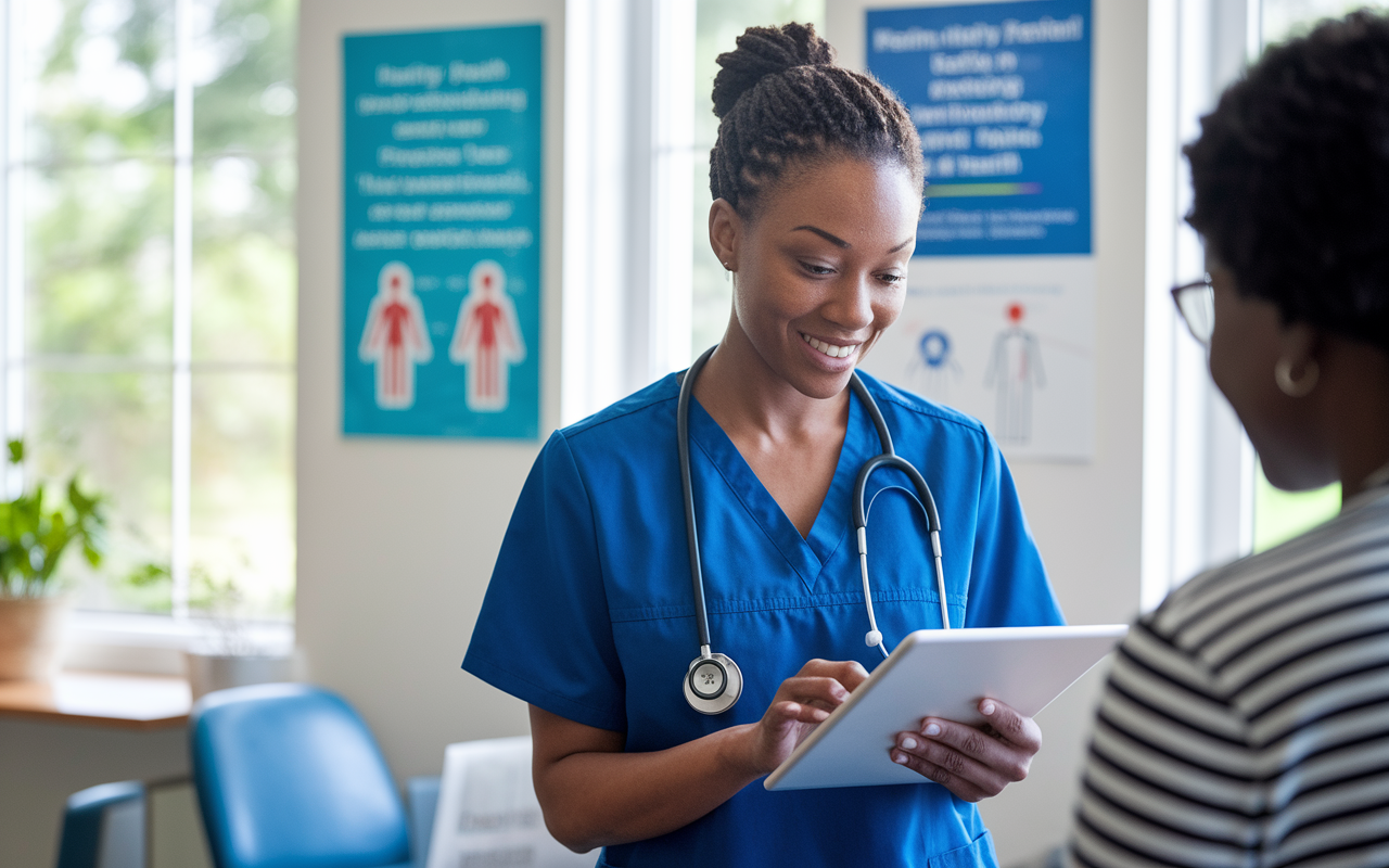 A nurse practitioner in a community clinic, attentively consulting with a patient while reviewing their medical history on a tablet. The setting conveys a feeling of trust and accessibility, with health posters on the walls and a welcoming environment. Bright, natural light pours in through the windows, enhancing the warmth of the scene and the importance of personalized care in community health.