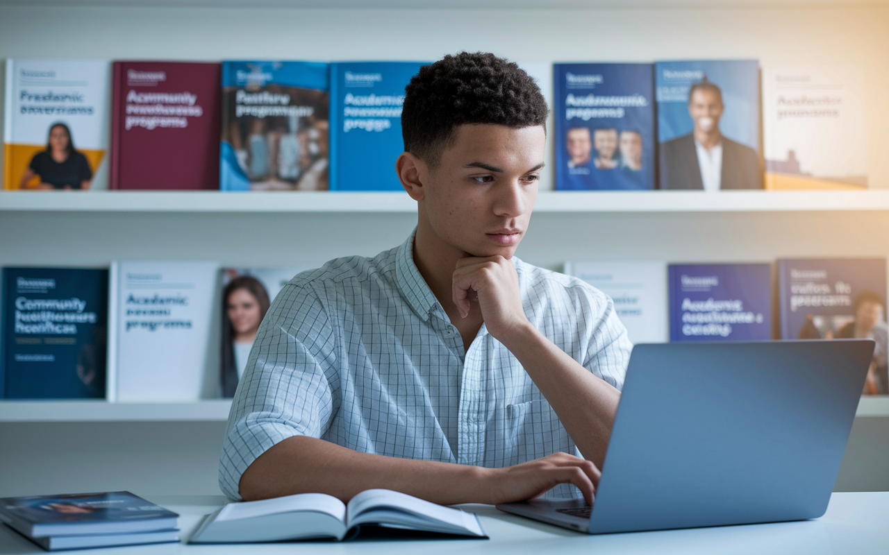 A thoughtful prospective student sitting at a desk, researching on a laptop about community and academic healthcare programs. The background shows books and brochures from both types of programs, symbolizing the decision-making process. Soft lighting creates an atmosphere of reflection and intention, highlighting the importance of informed career choices in the medical field.