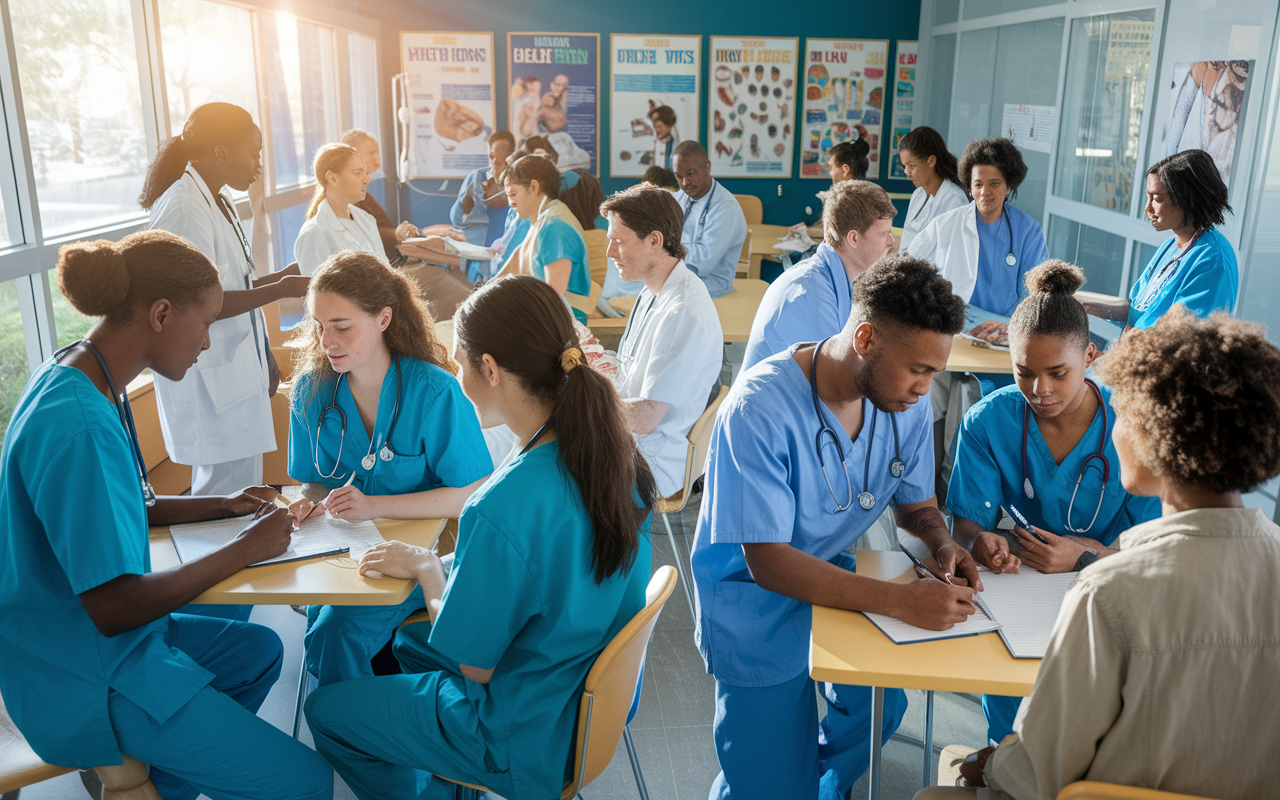 A dynamic scene of medical residents in scrubs, actively engaging with patients in a bustling community health clinic. The residents are examining patients, taking notes, and discussing treatment plans, showcasing a diverse range of patients. The clinic is filled with colorful health posters and provides a warm, inviting atmosphere. Sunlight filters through large windows, highlighting the residents' enthusiasm for primary care. Emphasize a sense of community and connection between the healthcare providers and the patients.