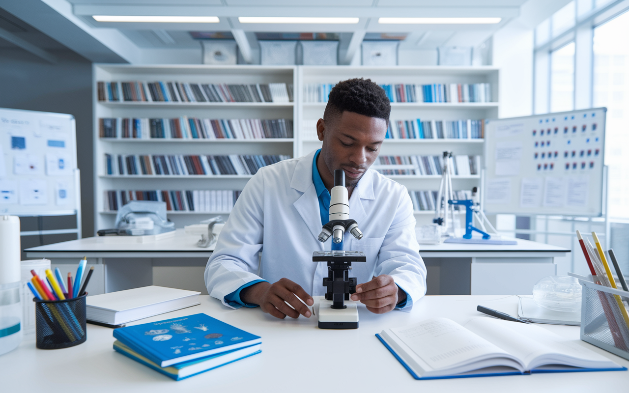 A passionate medical resident in a lab coat in a modern research lab, working diligently at a microscope, surrounded by medical journals, lab equipment, and whiteboards filled with research data. The lighting is bright and clinical, conveying a sense of innovation and discovery, with shelves packed with medical textbooks and research publications in the background.