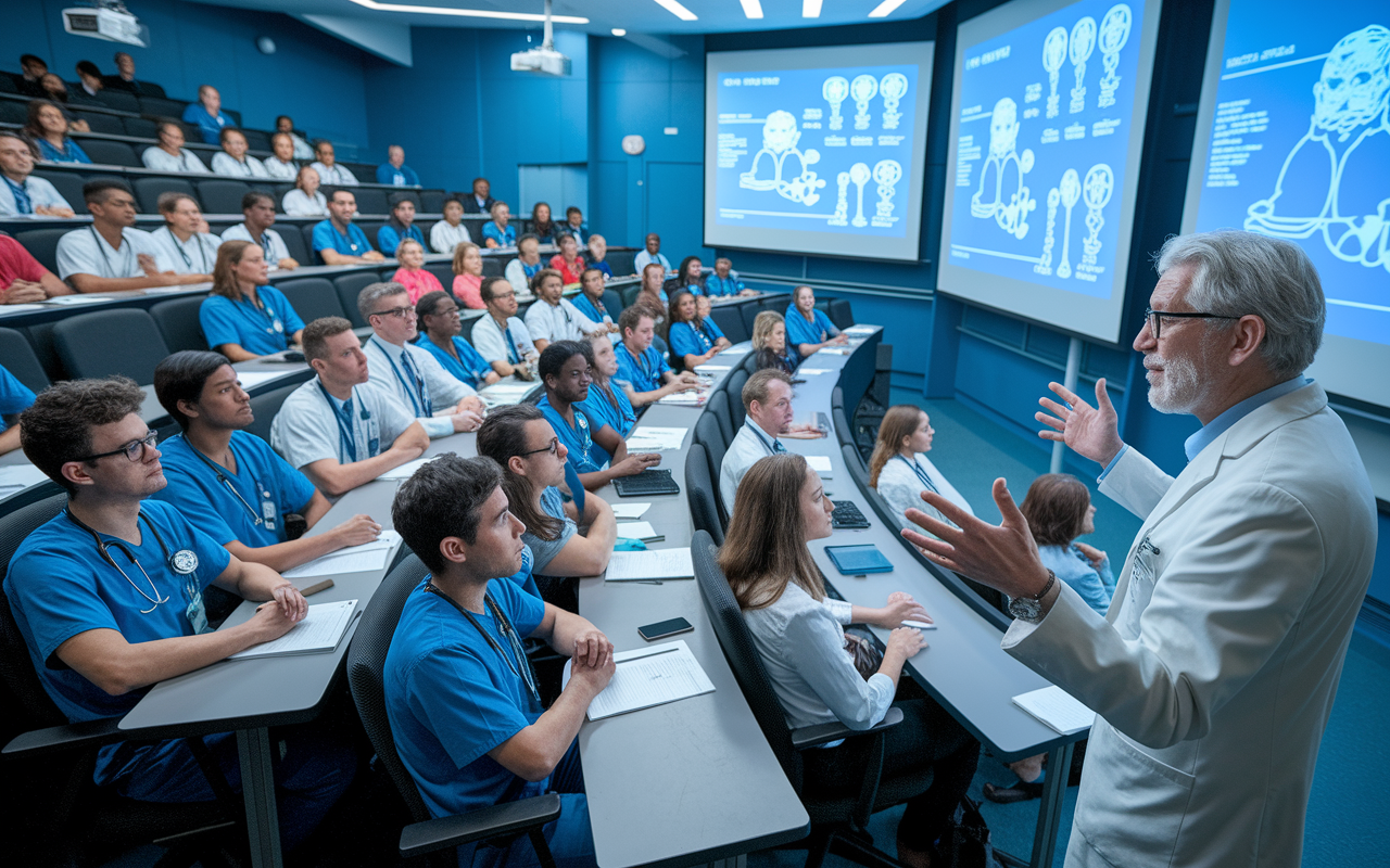 A dynamic lecture hall filled with attentive medical residents of various backgrounds, listening to a distinguished professor discussing recent advancements in medicine. The environment is vibrant with interactive technology like projectors displaying complex medical diagrams, and the professor is animated, using gestures to emphasize points, creating a stimulating atmosphere of learning.