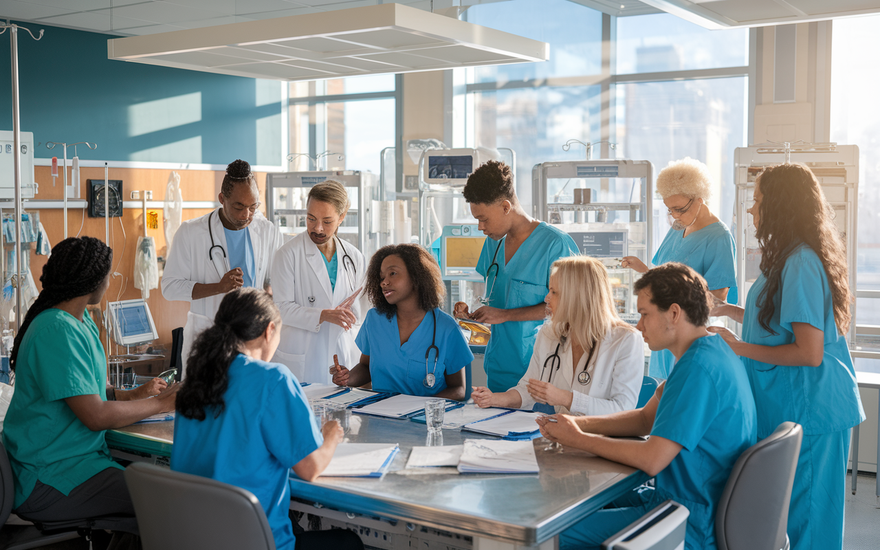 A busy hospital ward scene, showcasing medical residents of different ethnicities collaborating in a multi-disciplinary team to review charts and discuss complex patient cases with diverse medical conditions. The room is filled with state-of-the-art medical equipment and is brightened by natural light coming through large windows, illustrating a vibrant learning environment.