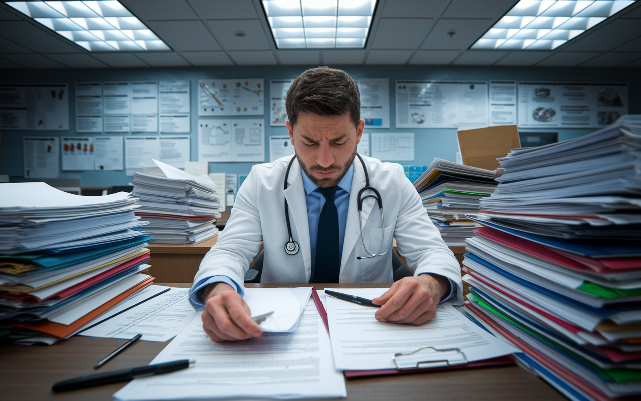 A frustrated medical resident surrounded by mountains of paperwork and administrative files in an office atmosphere, visibly stressed while trying to juggle between teaching obligations and clinical responsibilities. The backdrop is filled with charts and posters of bureaucratic processes, under harsh fluorescent lighting giving a sense of overwhelming pressure.