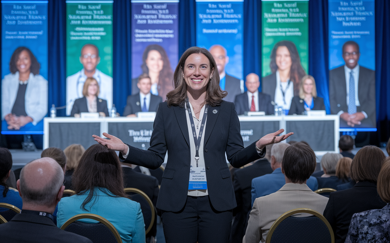 A proud Dr. Sarah at a prestigious medical conference, presenting her research on diabetes management to an engaged audience of fellow researchers and medical professionals. The scene is vibrant with a backdrop of banners featuring her published works and a panel of experts seated behind her, showcasing the success and significance of her contributions to medicine.