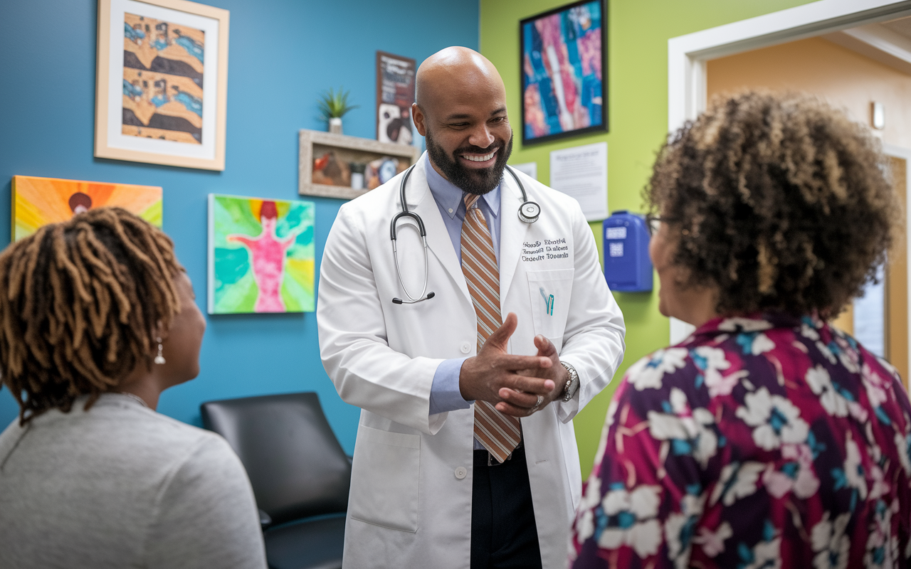 A reflective Dr. James in a community clinic, interacting warmly with patients in a hands-on clinical setting, utilizing his skills to provide direct care. The cheerful atmosphere is enhanced by bright colors in the clinic decorated with patient art and personal touches, contrasting the previous academic environment, conveying a sense of fulfillment.